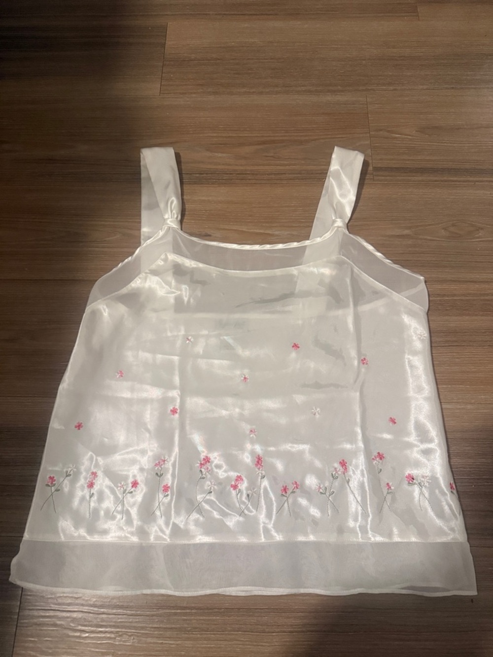 White Sheer Satin Chemise Camisole with Pink Floral Embroidery